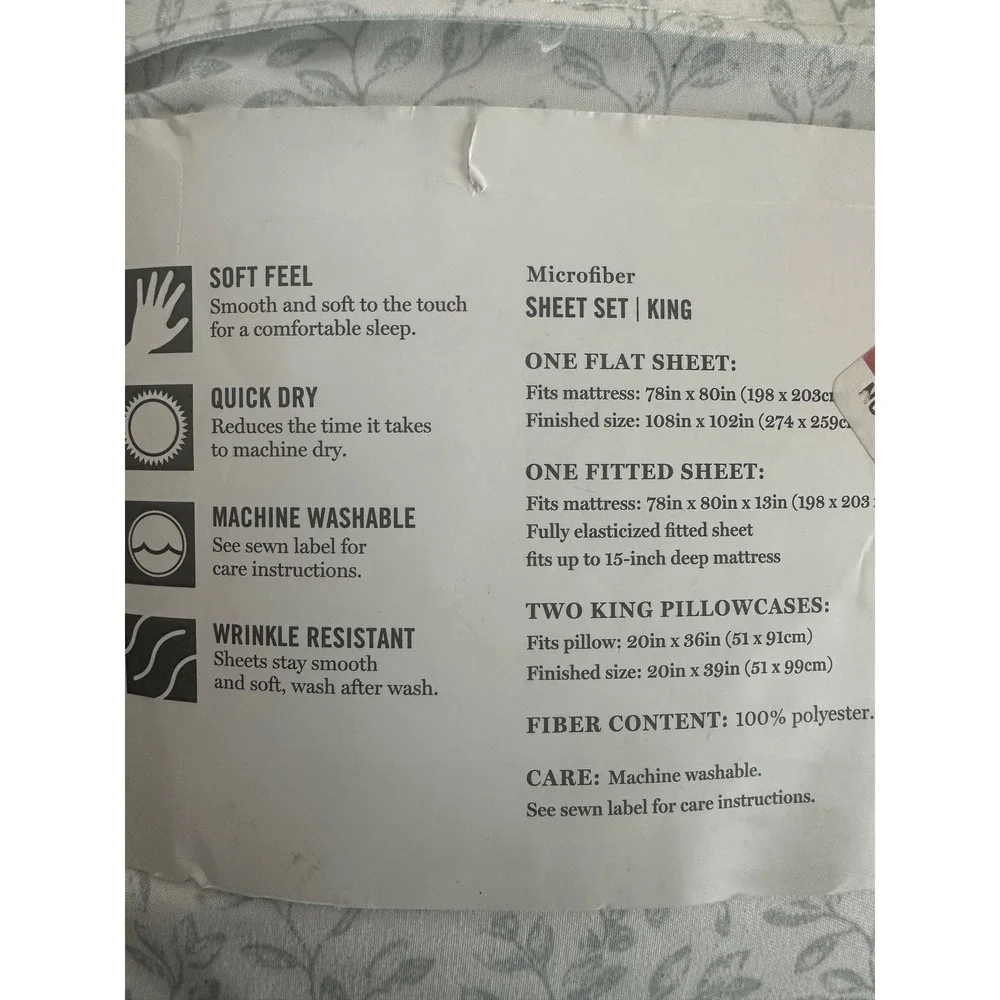 NEW Martha Stewart Essentials‎ Microfiber King Sheet Set Slate Blue Floral Vine